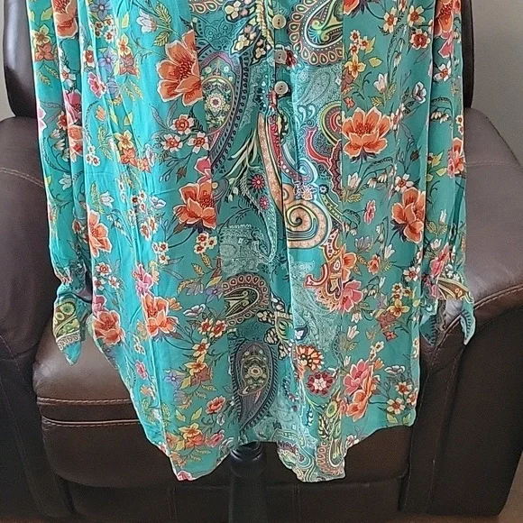 FINAL PRICE Teal Tropical Print Blouse - Picture 5 of 11